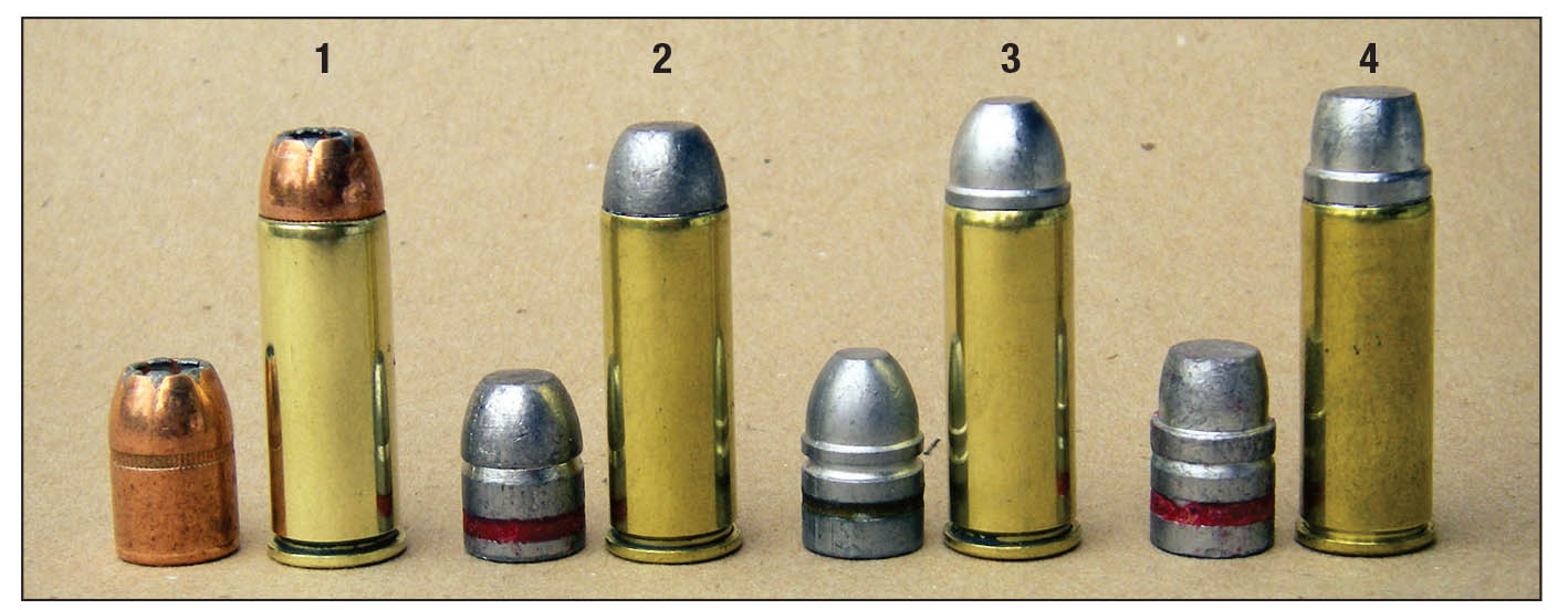Brian developed handloads for the Cimarron Model P using four bullets: (1) Speer 250-grain Gold Dot HP, (2) Oregon Trail 250-grain RNFP, (3) RCBS 260-grain mould 45-250-FN and (4) 280-grain Keith-style from RCBS mould 45-270-SAA.